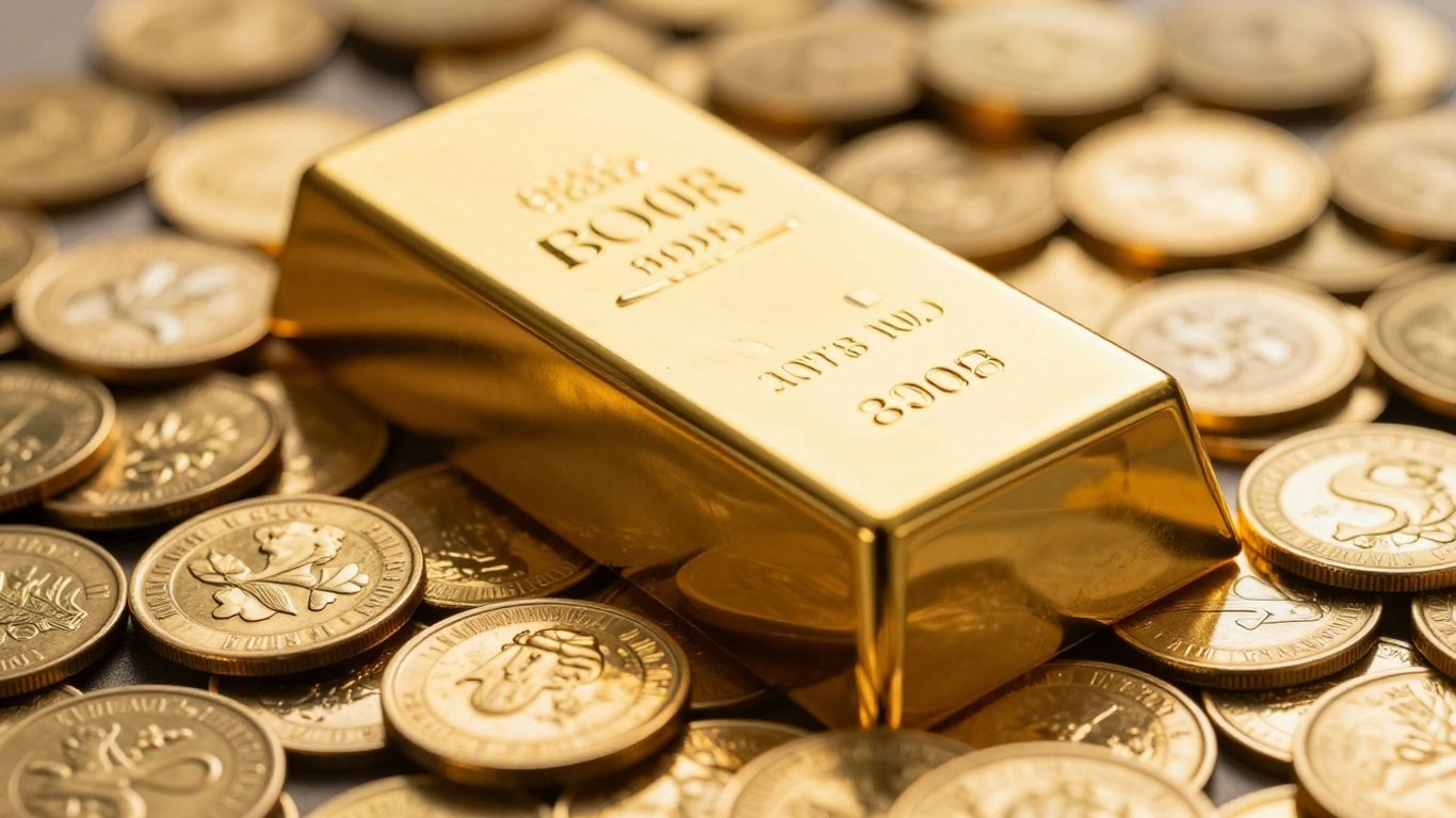 Barre d'or et pièces d'or, symbole d'héritage et d'inflation.