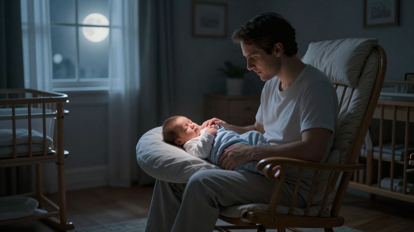 Parent holding newborn baby at night