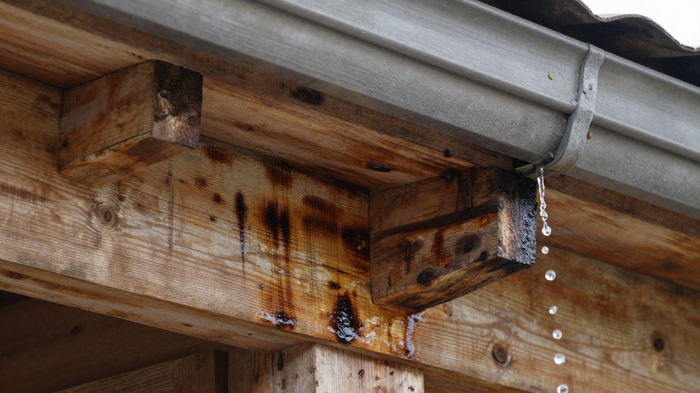 Rotting wood under clogged, overflowing gutter.