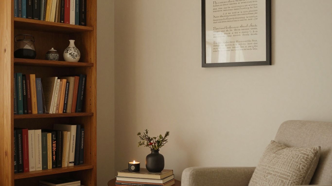 Cozy living room with Christian decor and scripture art.