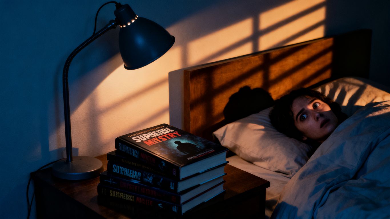 Person scared in bed by mystery novels.