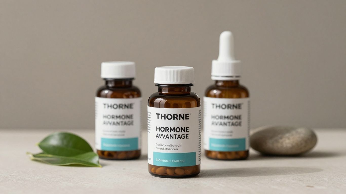 Thorne Hormone Advantage supplement bottles on a clean background.