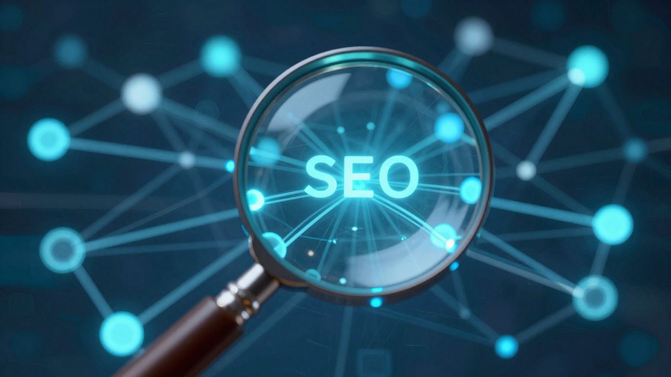 Magnifying glass over glowing digital nodes