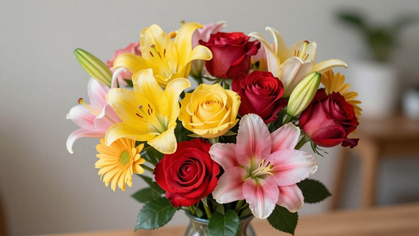 Affordable flower bouquet with roses, lilies, and daisies.