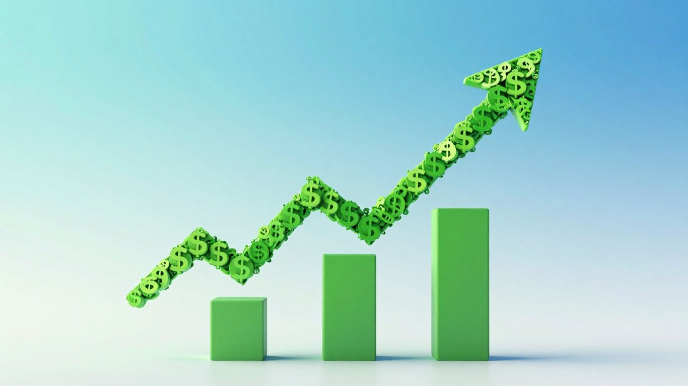 Upsell funnel with upward arrow and currency symbols.