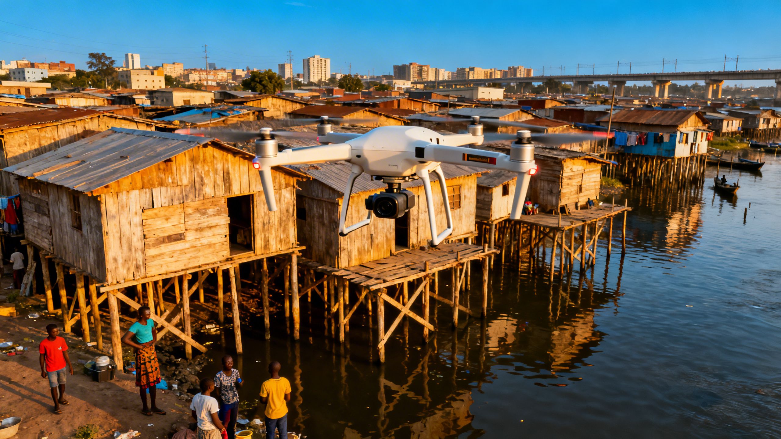A drone flying over the stilt houses of Makoko, Nigeria, capturing data for a community-led mapping project using humanitarian AI.