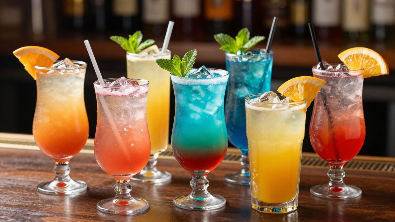 Colorful non-alcoholic drinks on a bar counter.