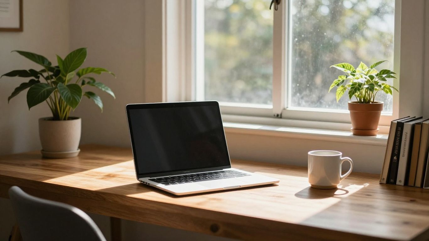Australian home office with laptop and sunlight.