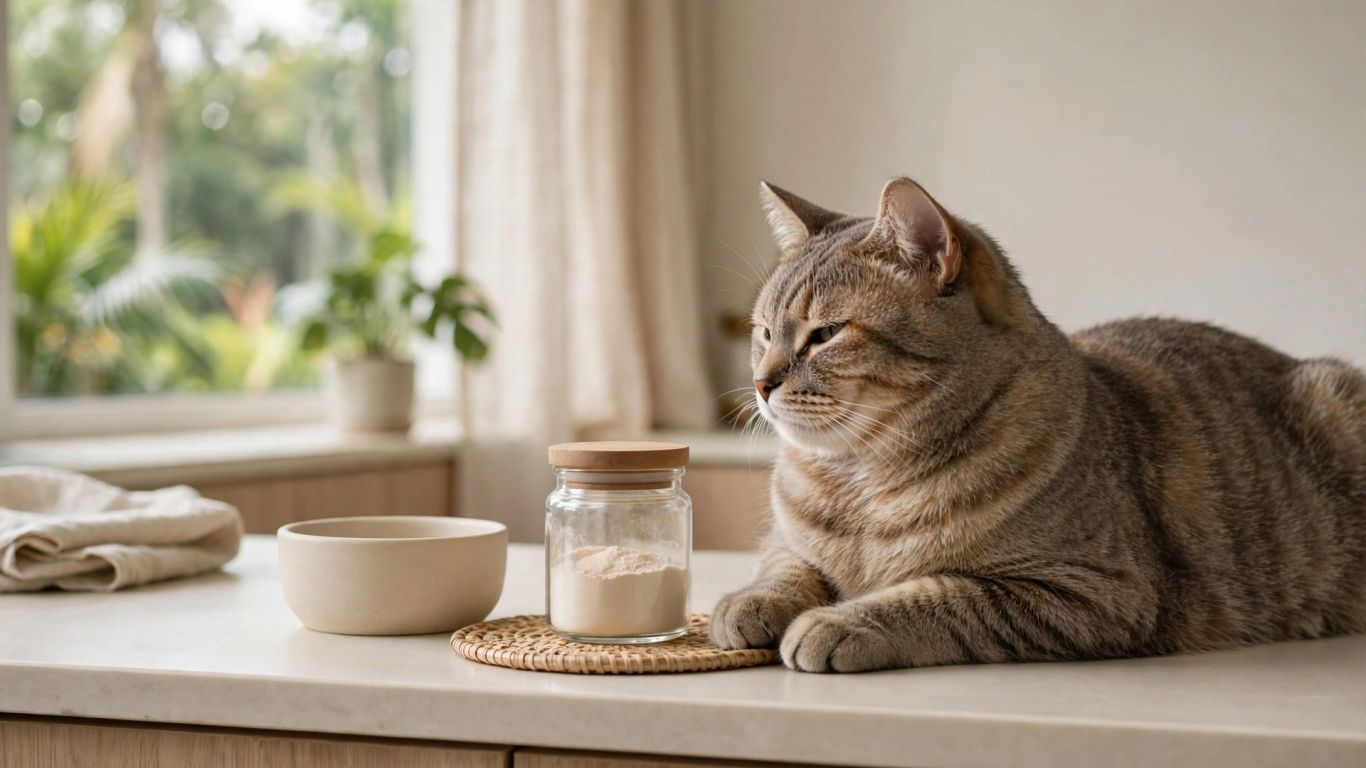 Cat beside a neatly arranged supplement container