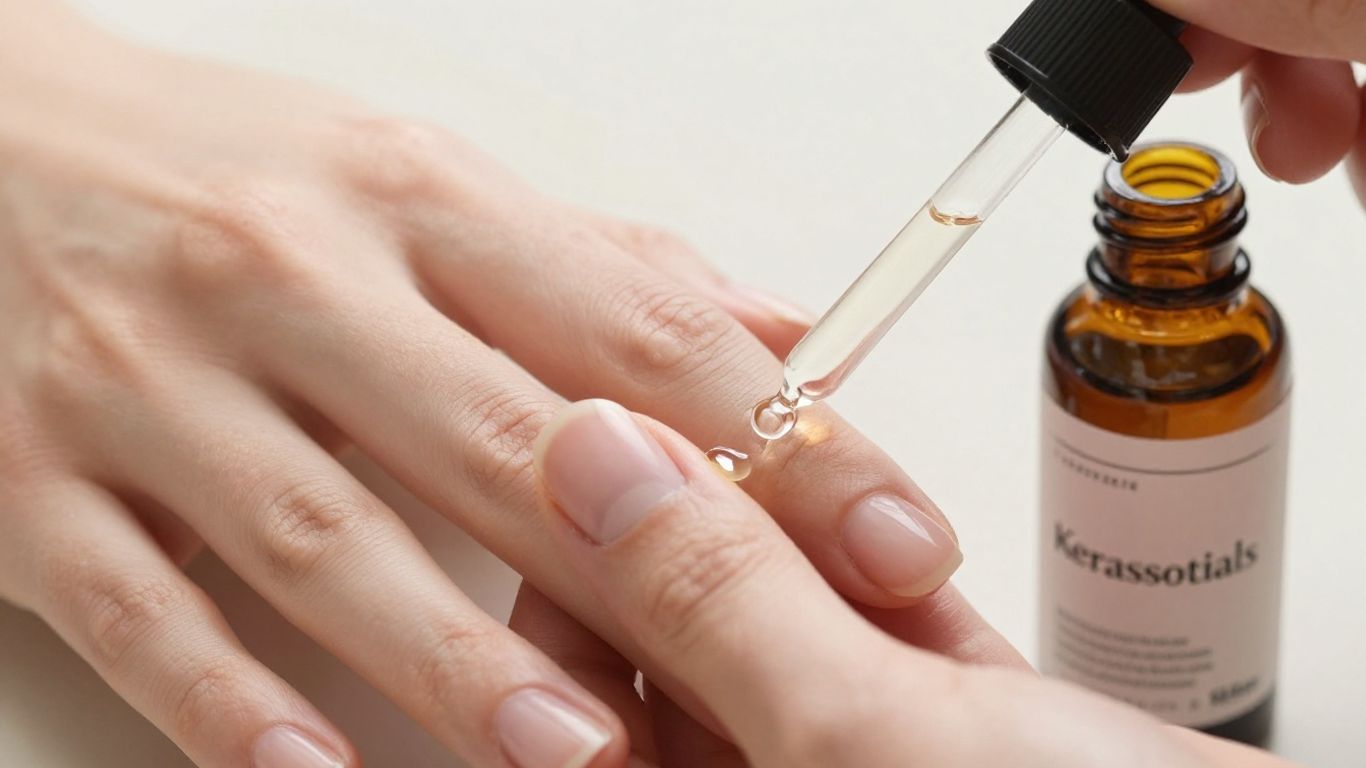 Kerassentials oil bottle with dropper near healthy nails and skin.
