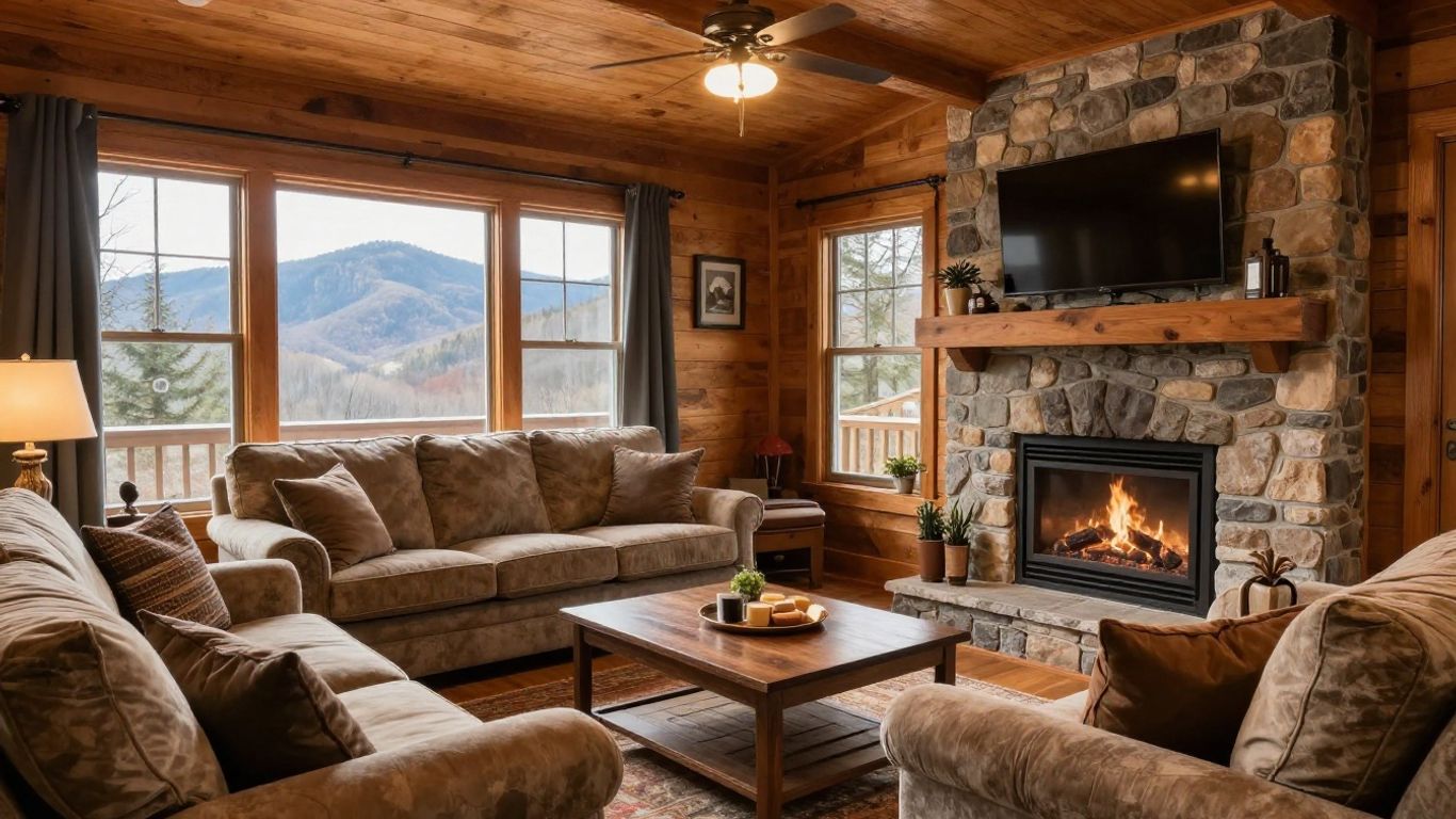 Cozy Gatlinburg cabin living room with fireplace and mountain view.