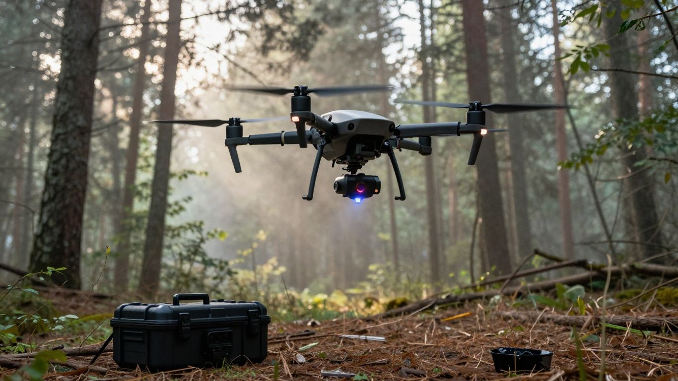 LiDAR drone scanning a forest clearing