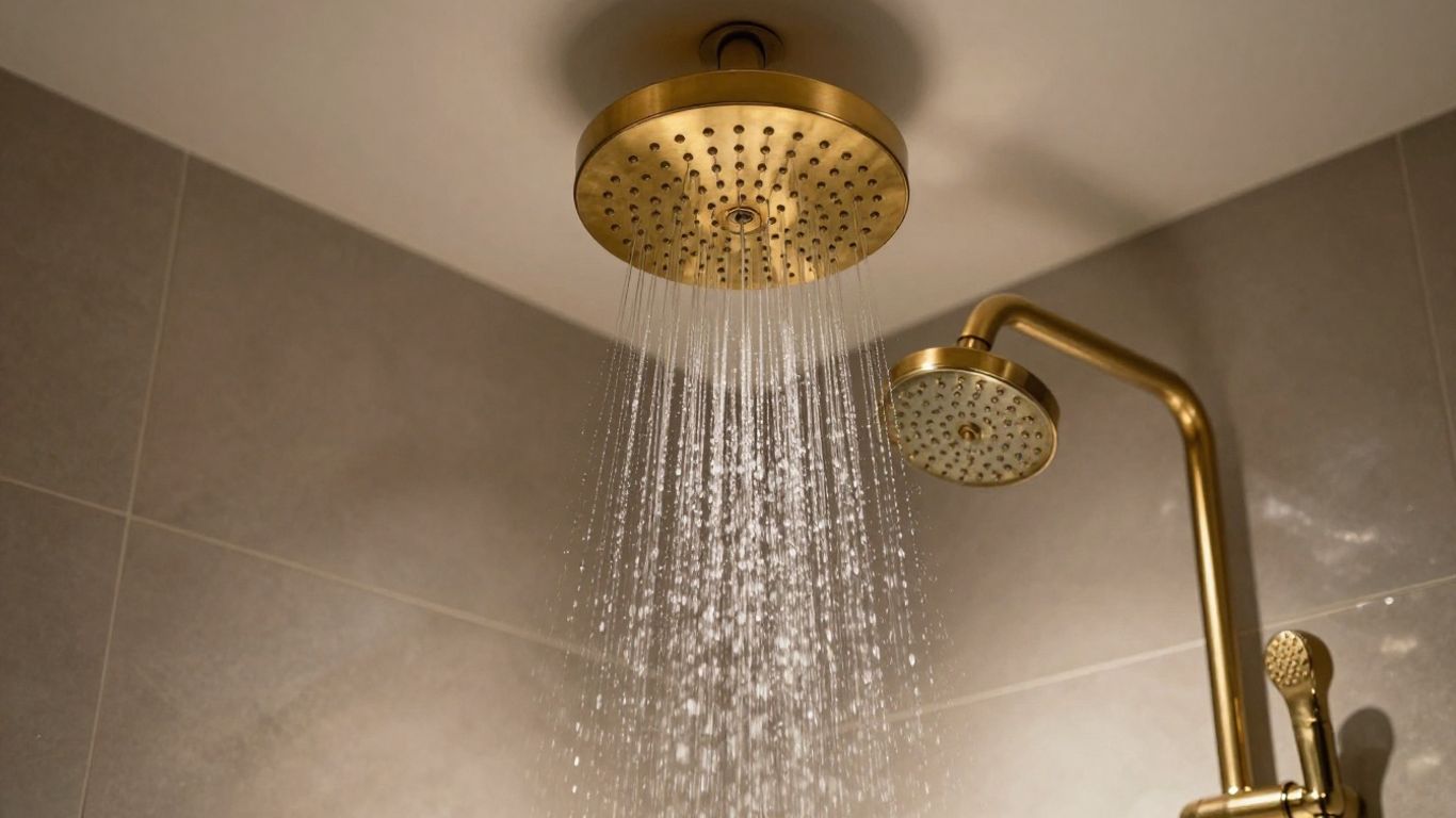 Brass ceiling shower head in a modern bathroom.
