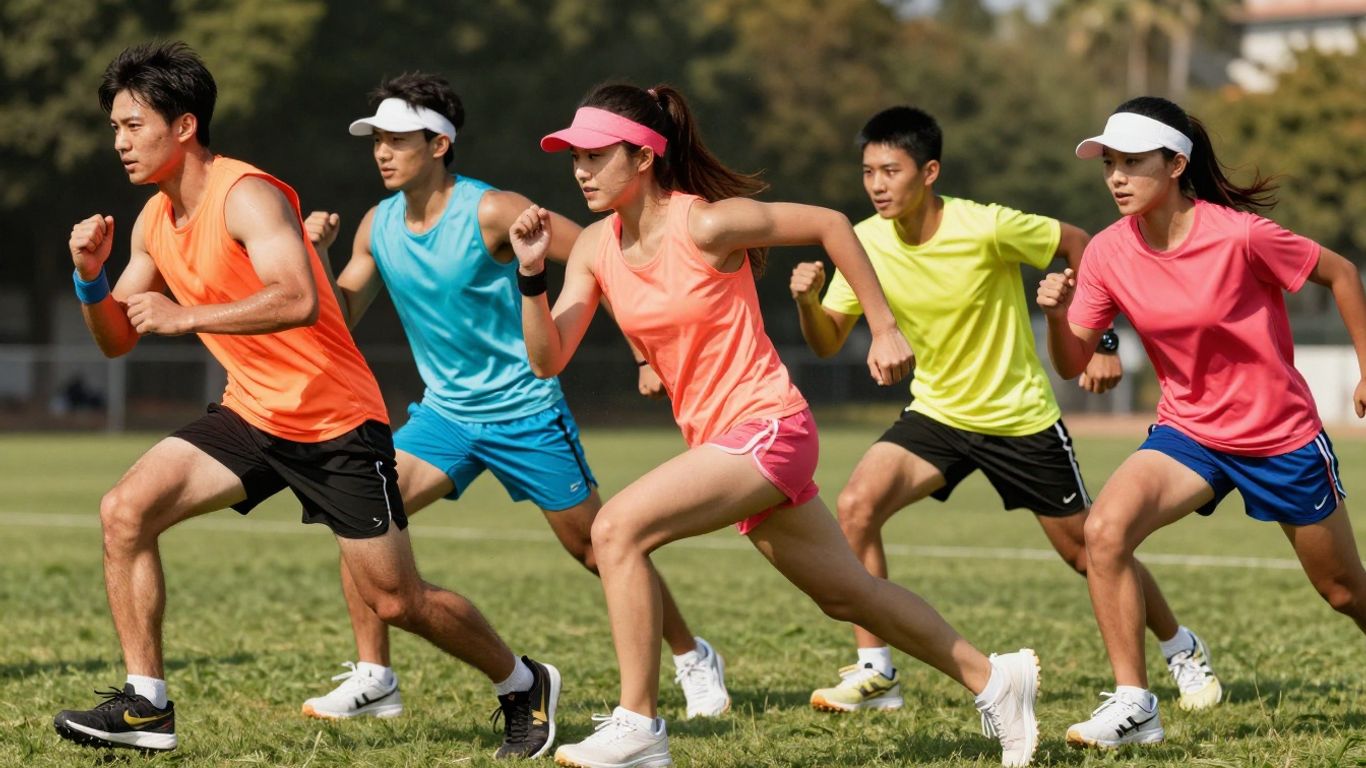 Athletes in colourful, affordable sports gear in action.