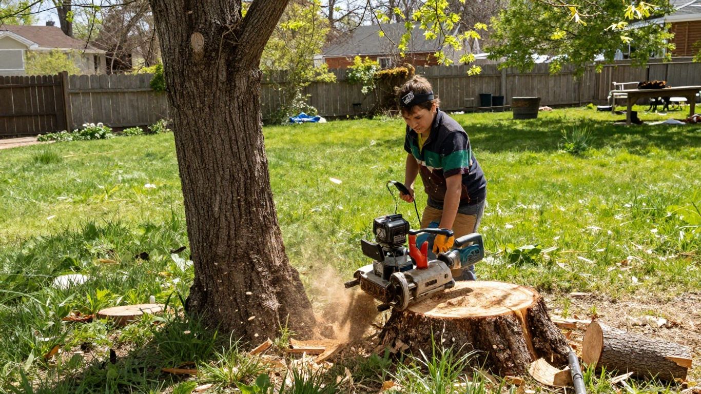 Stump grinder removing a tree stump in a yard.