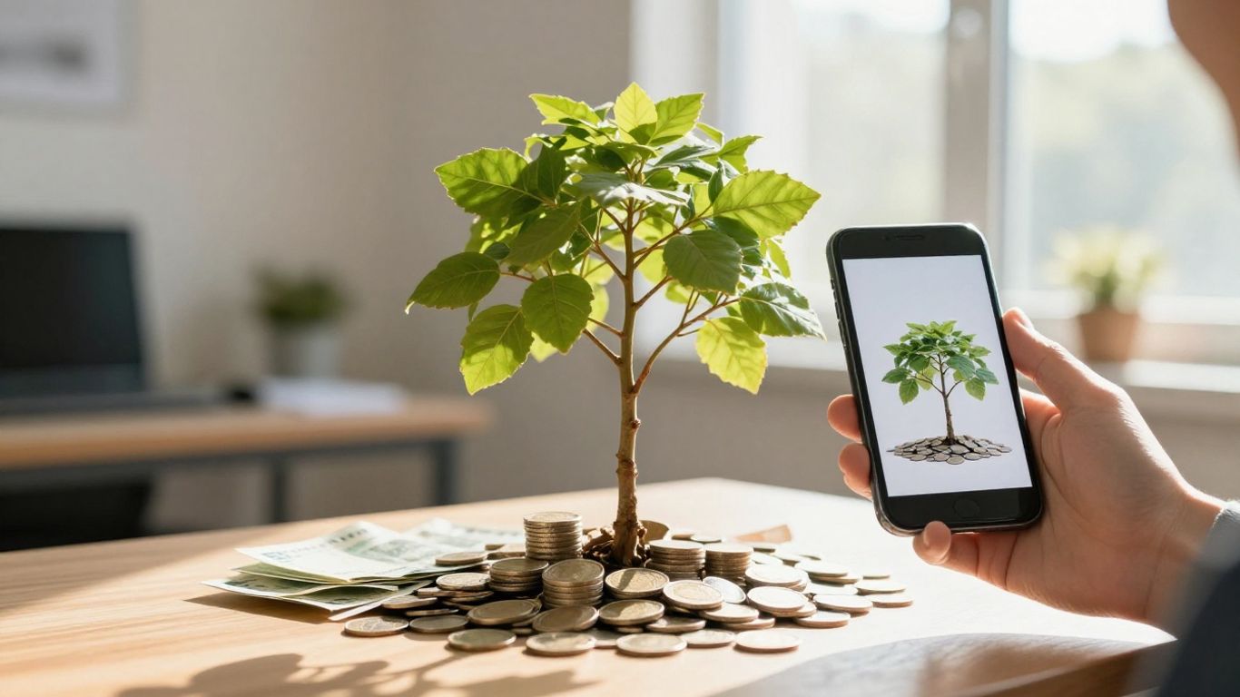Persona feliz con árbol de dinero en smartphone.