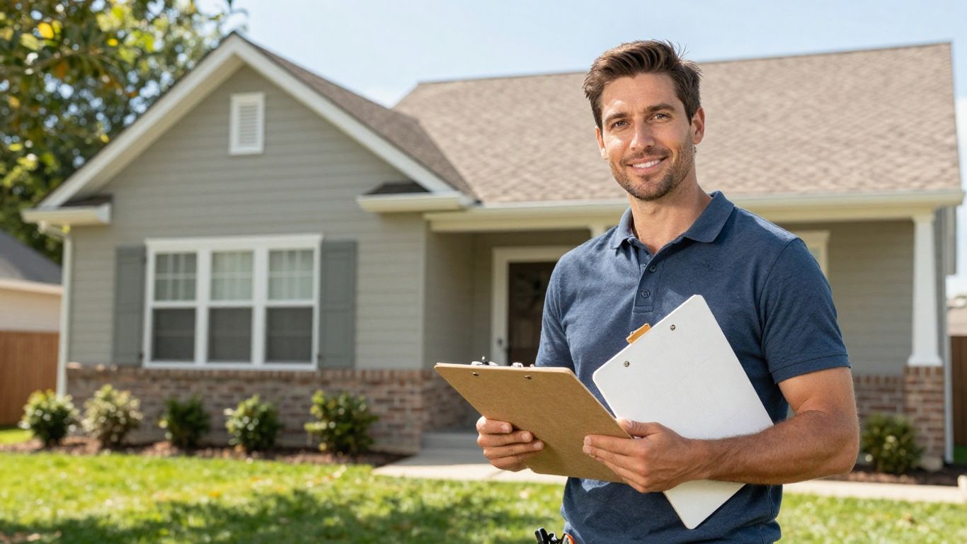 Roofer at a doorstep with sales materials.