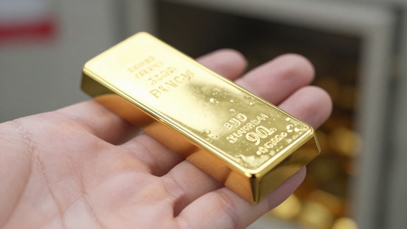 金手握着闪闪发光的金条。