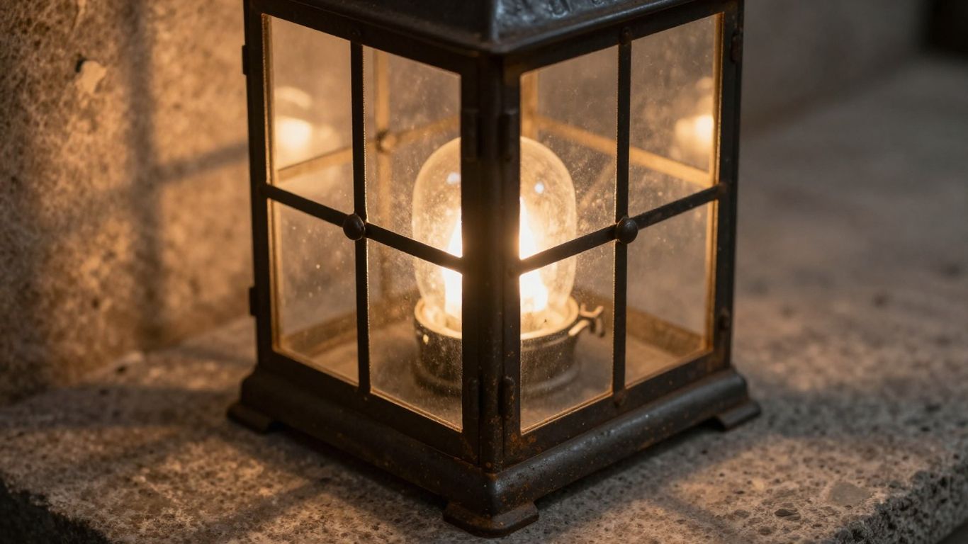 Outdoor lantern with warm light on stone surface.