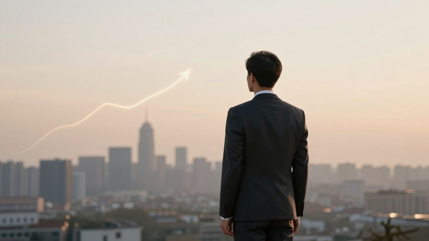 Leader looking towards a bright future with upward light trails.