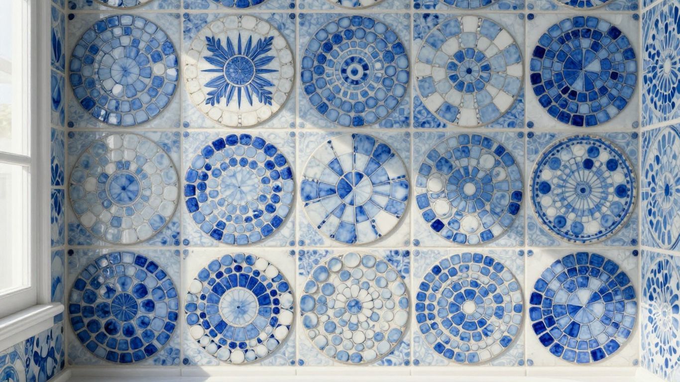 Mosaico de baldosas de cerámica tipo penny en una pared de baño.