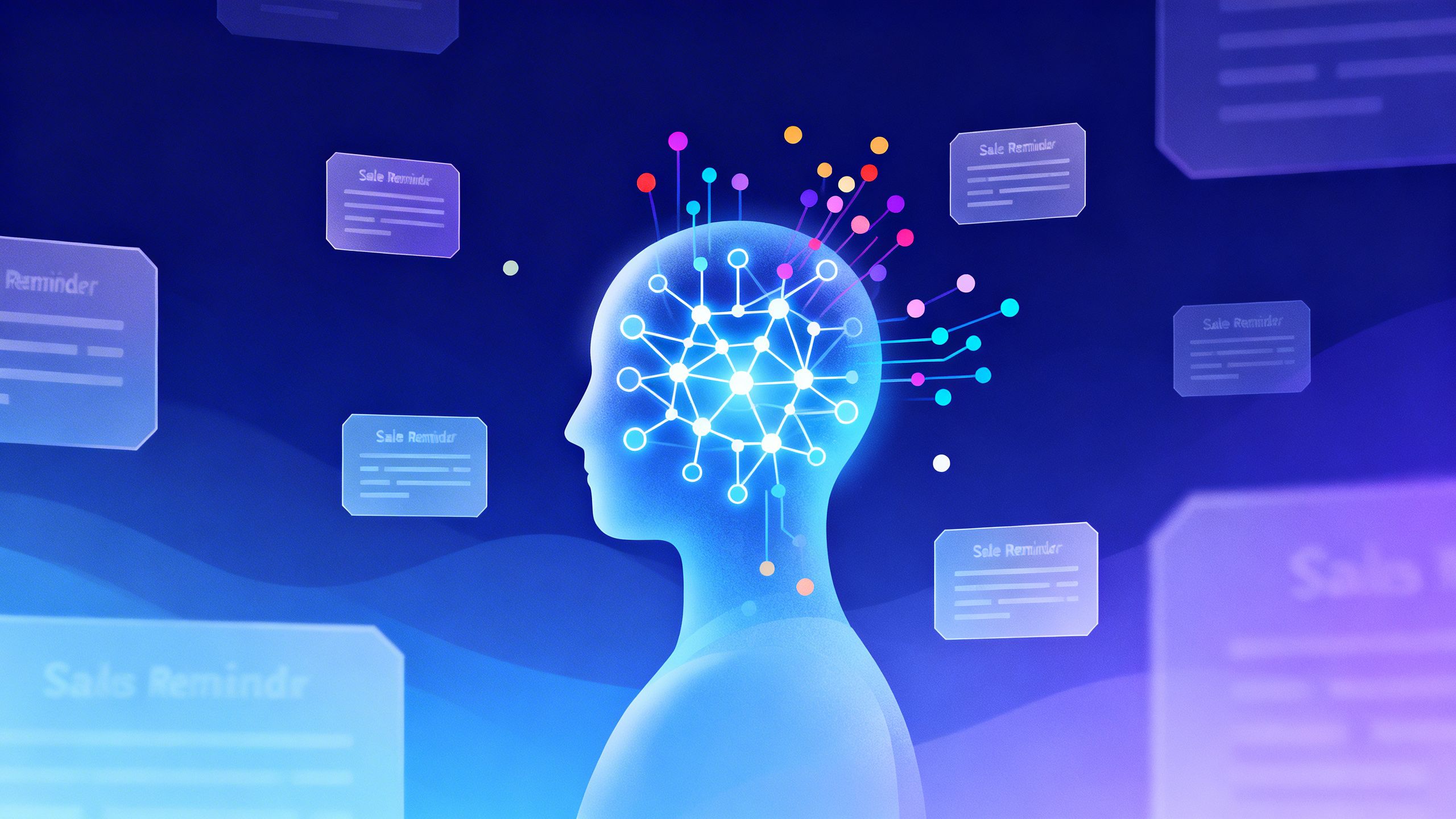 An abstract illustration of AI analyzing data points to generate intelligent sales reminders