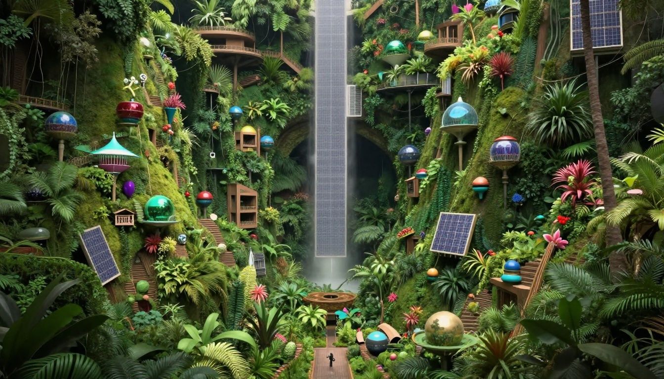 Uma paisagem futurista e solar punk com tecnologia integrada à natureza, ilustrando cidades sustentáveis e jardins exuberantes