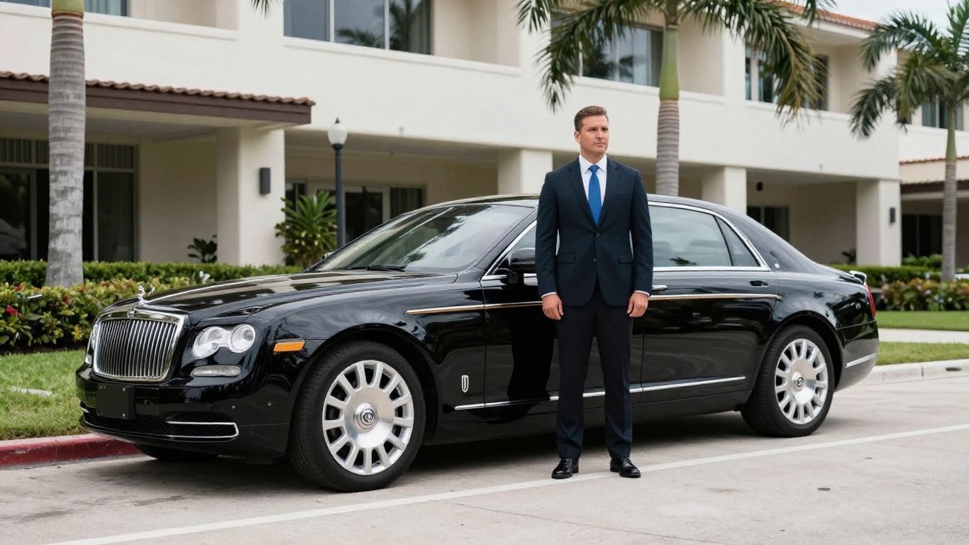 Professional chauffeur beside luxury vehicle