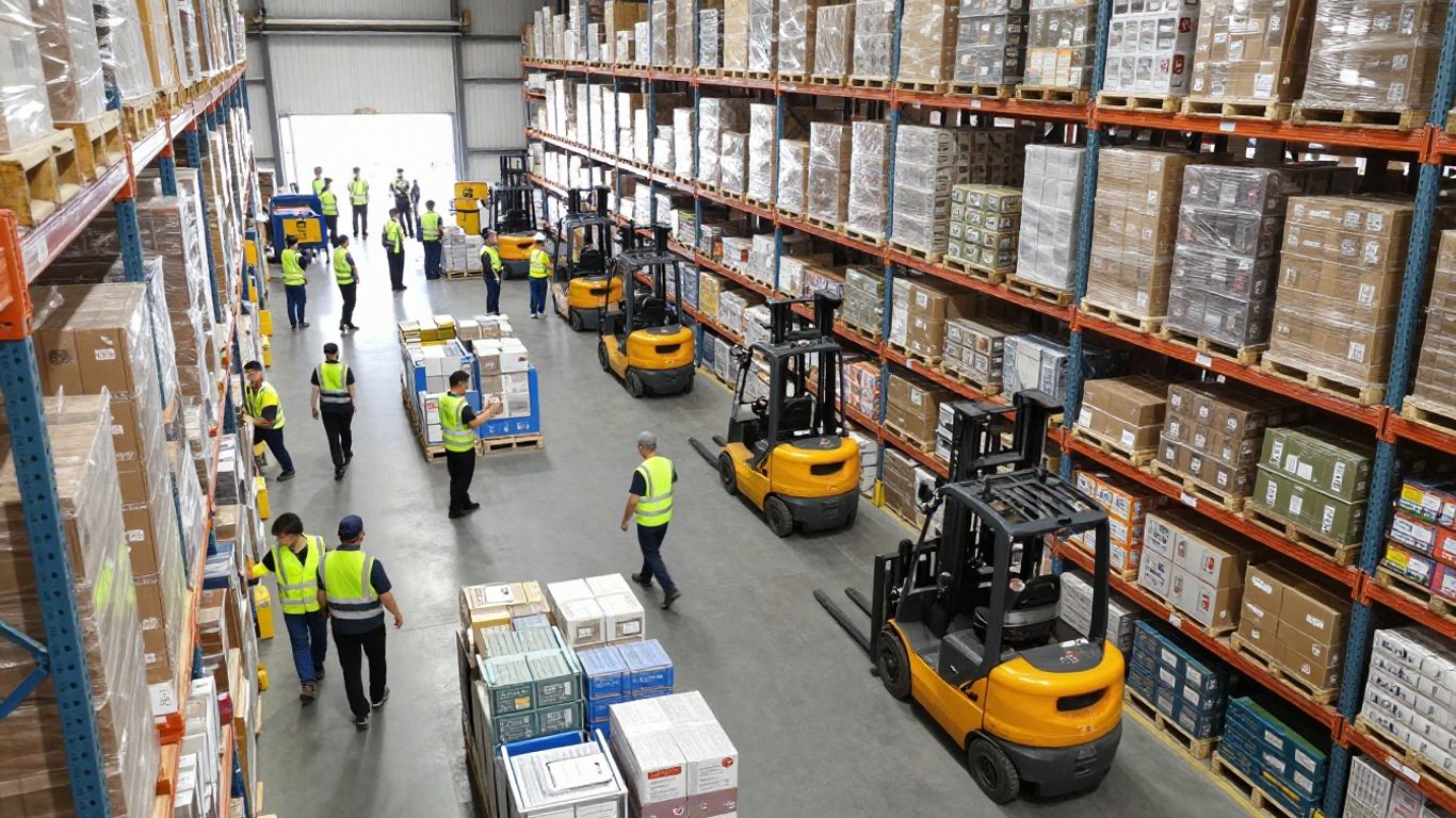 Warehouse operations with forklifts and workers optimizing throughput.