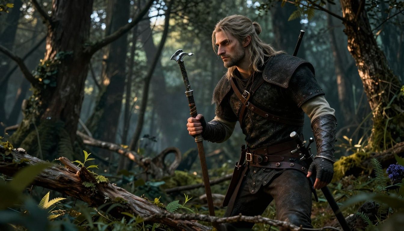 Geralt de Rivia em uma floresta densa e detalhada, olhando para o horizonte durante um pôr do sol, capturando a atmosfera medieval do jogo