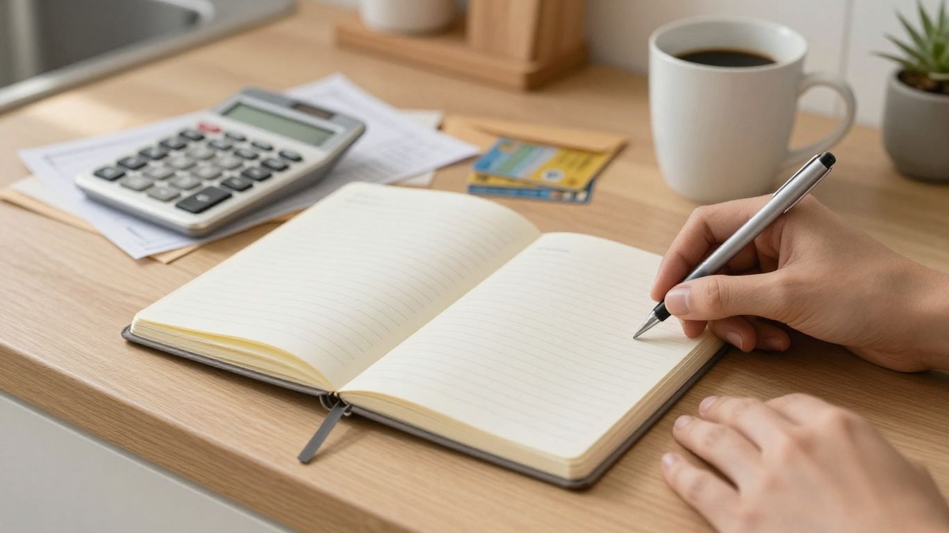 Cuaderno abierto con presupuesto y tarjetas