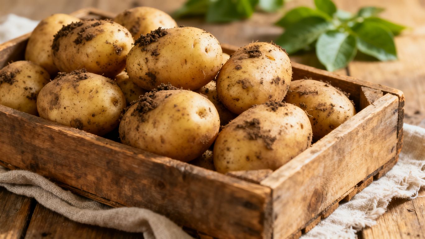 Aardappelen op houten tafel met boerenmand