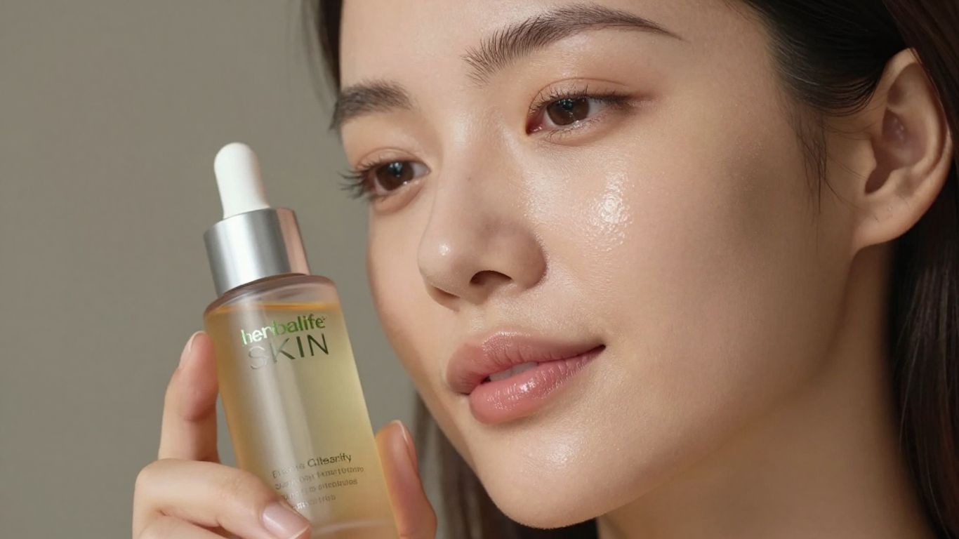 Woman with clear skin holding Herbalife SKIN Clearify product.