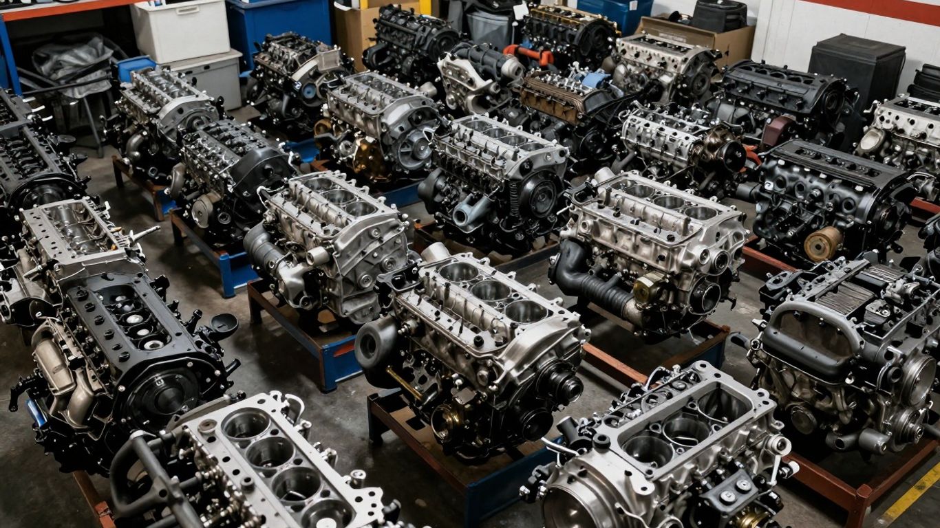 A clean automotive garage showing engine inventory