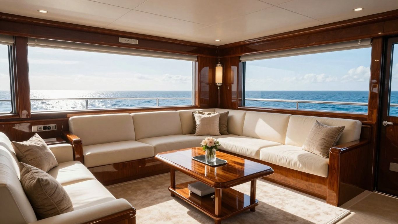 Luxurious yacht interior with ocean view and elegant decor.