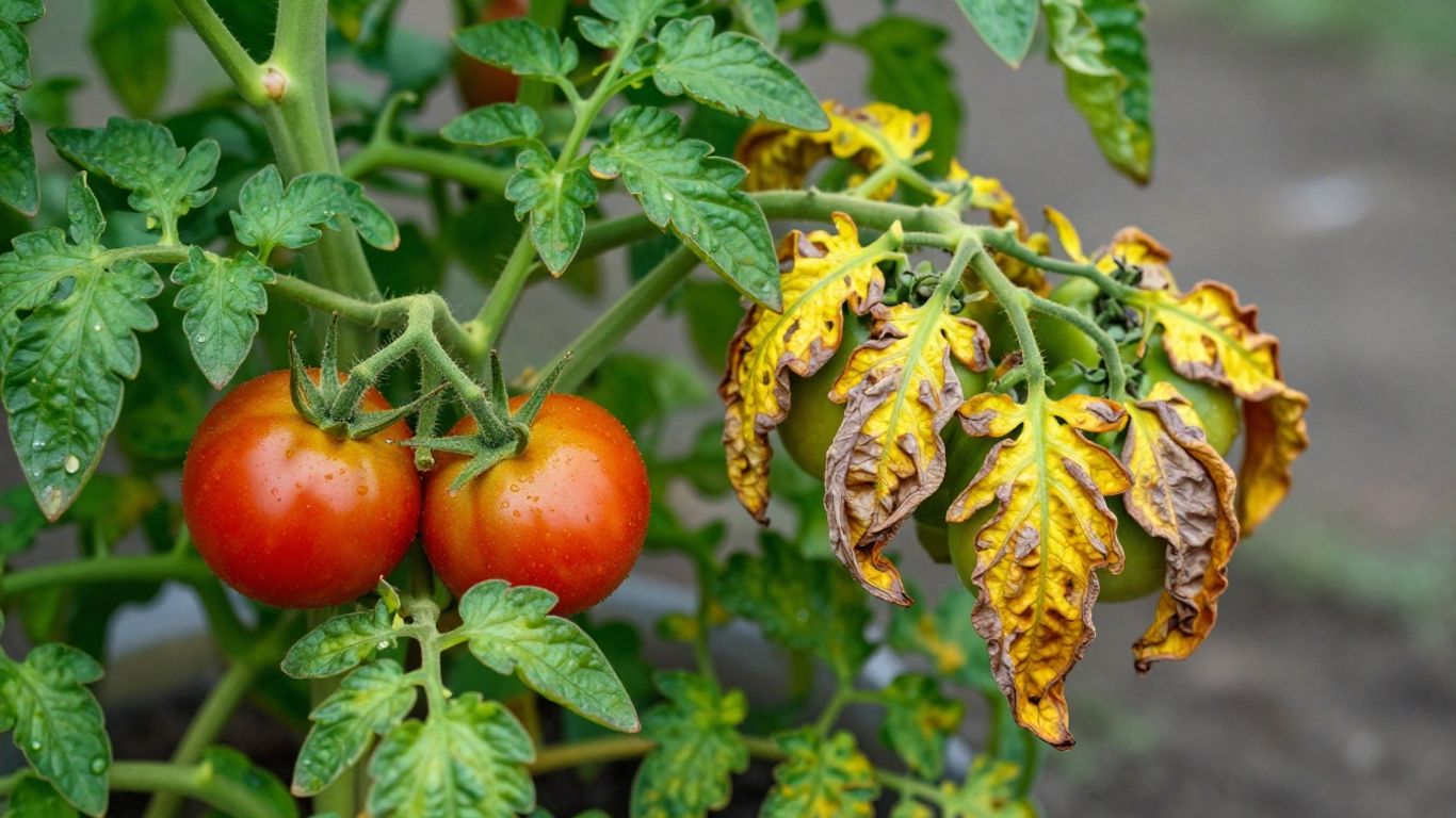 Tomatenpflanze mit gesunden und welken Blättern