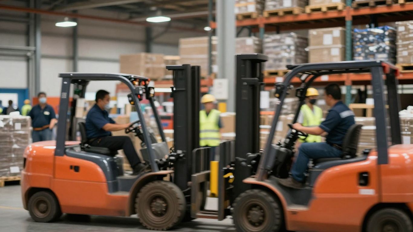 Blurred warehouse operations with teams and forklifts.