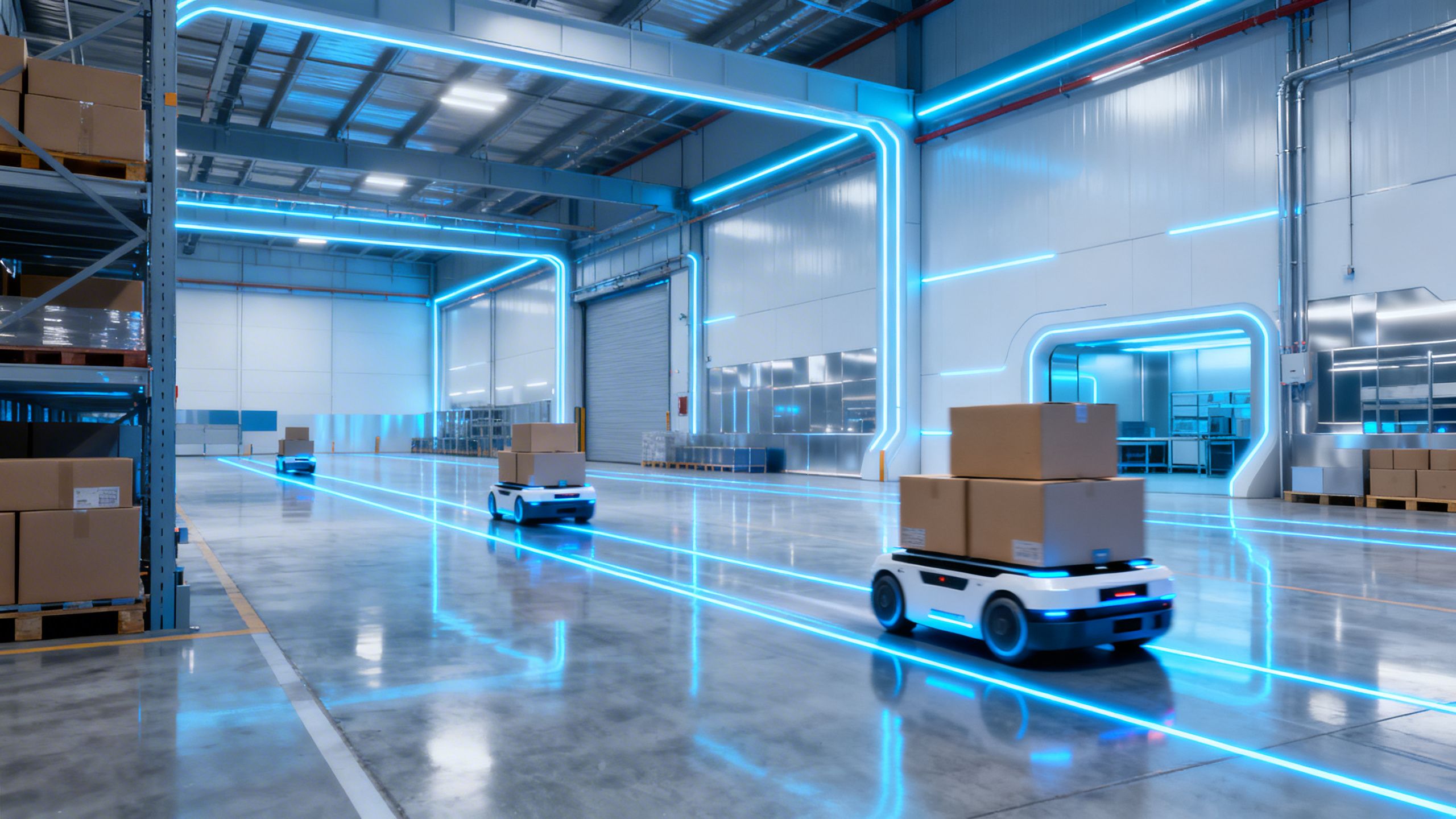 A futuristic, clean warehouse where glowing blue lines on the floor guide autonomous robots carrying packages, illustrating AI-driven efficiency in logistics.