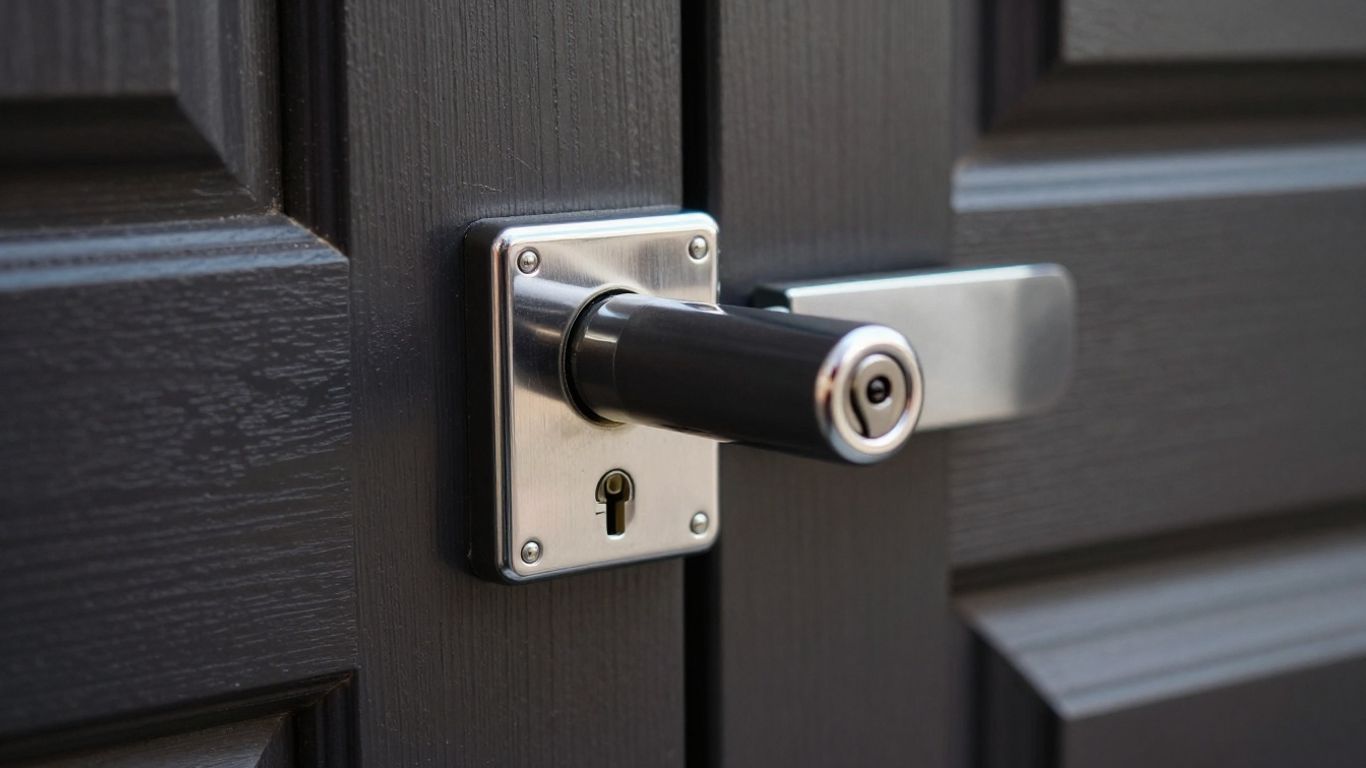 Close-up of a deadbolt lock on a front door.