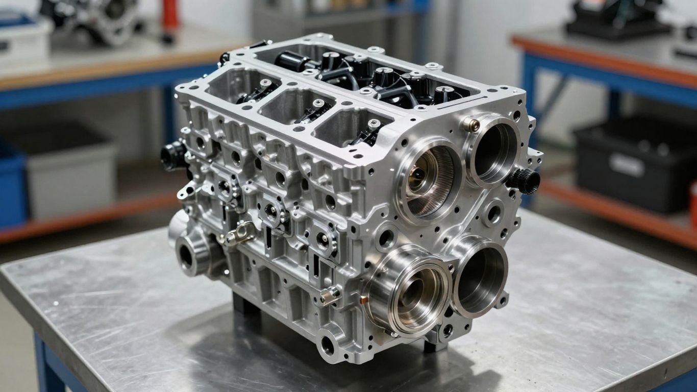 Stage 1 2JZ engine block on a workbench.