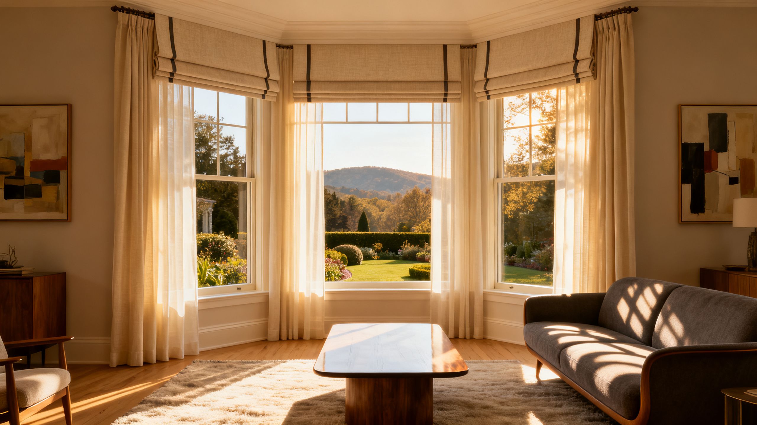 A refined, sunlit North Jersey living room featuring custom-installed, elegant window treatments that perfectly frame the view while providing privacy.