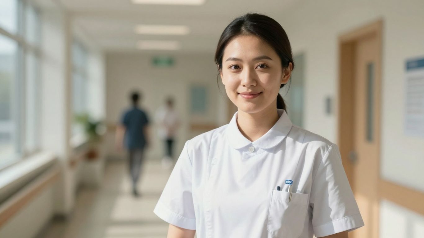 NHS mental health nurse in a hospital corridor.