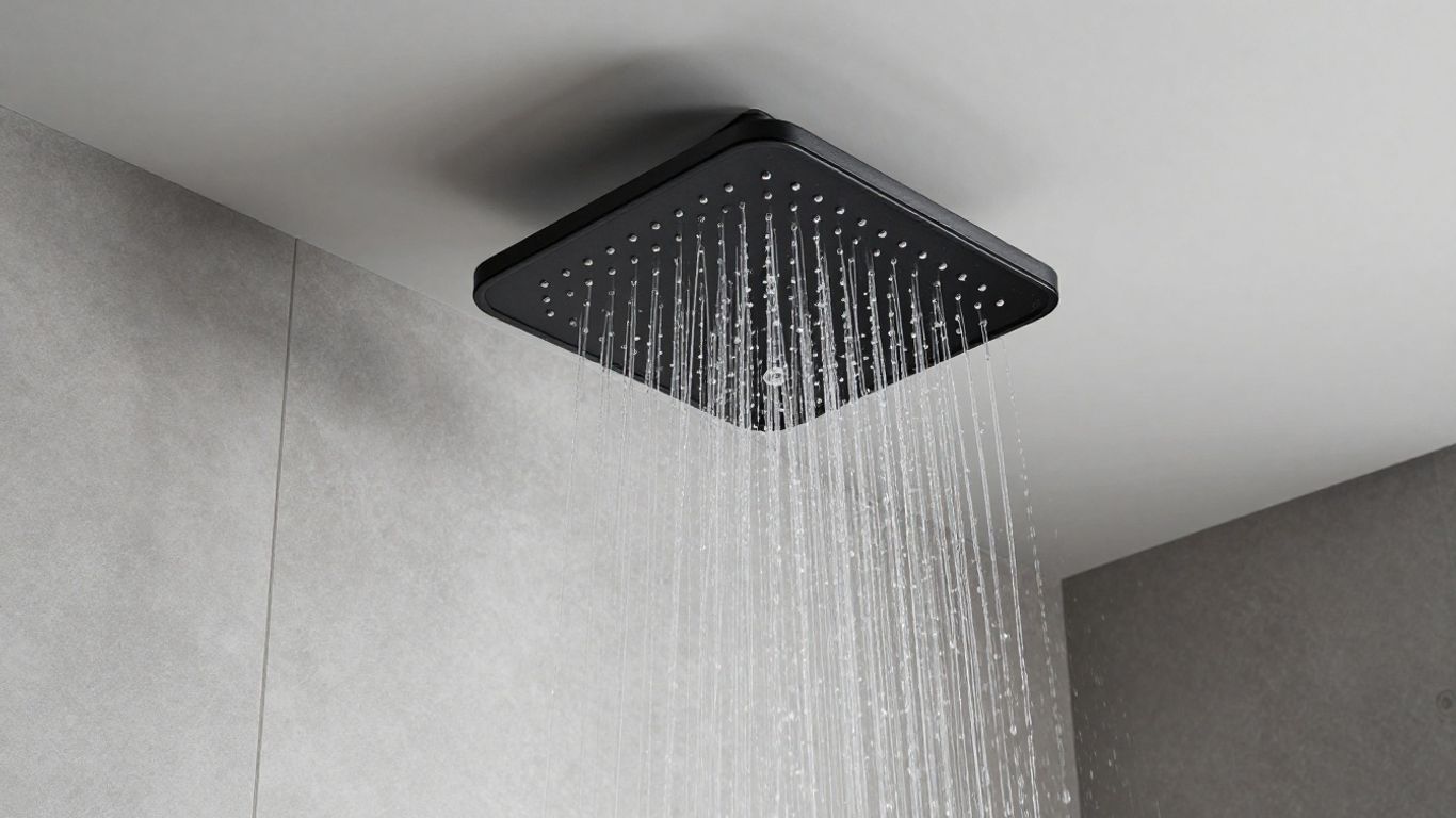 Sleek black ceiling-mounted rain shower head