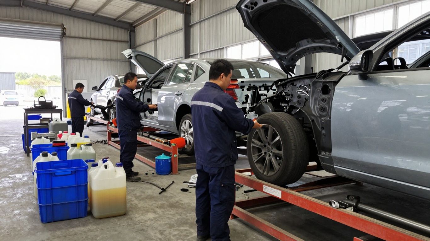 Photograph of workers inspecting a dismantled vehicle