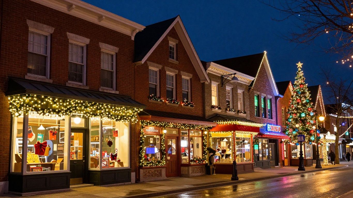 Commercial buildings in Belleville decorated with Christmas lights.