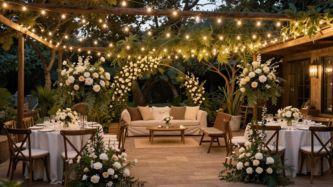 Elegant Airbnb wedding venue with string lights and floral decor.
