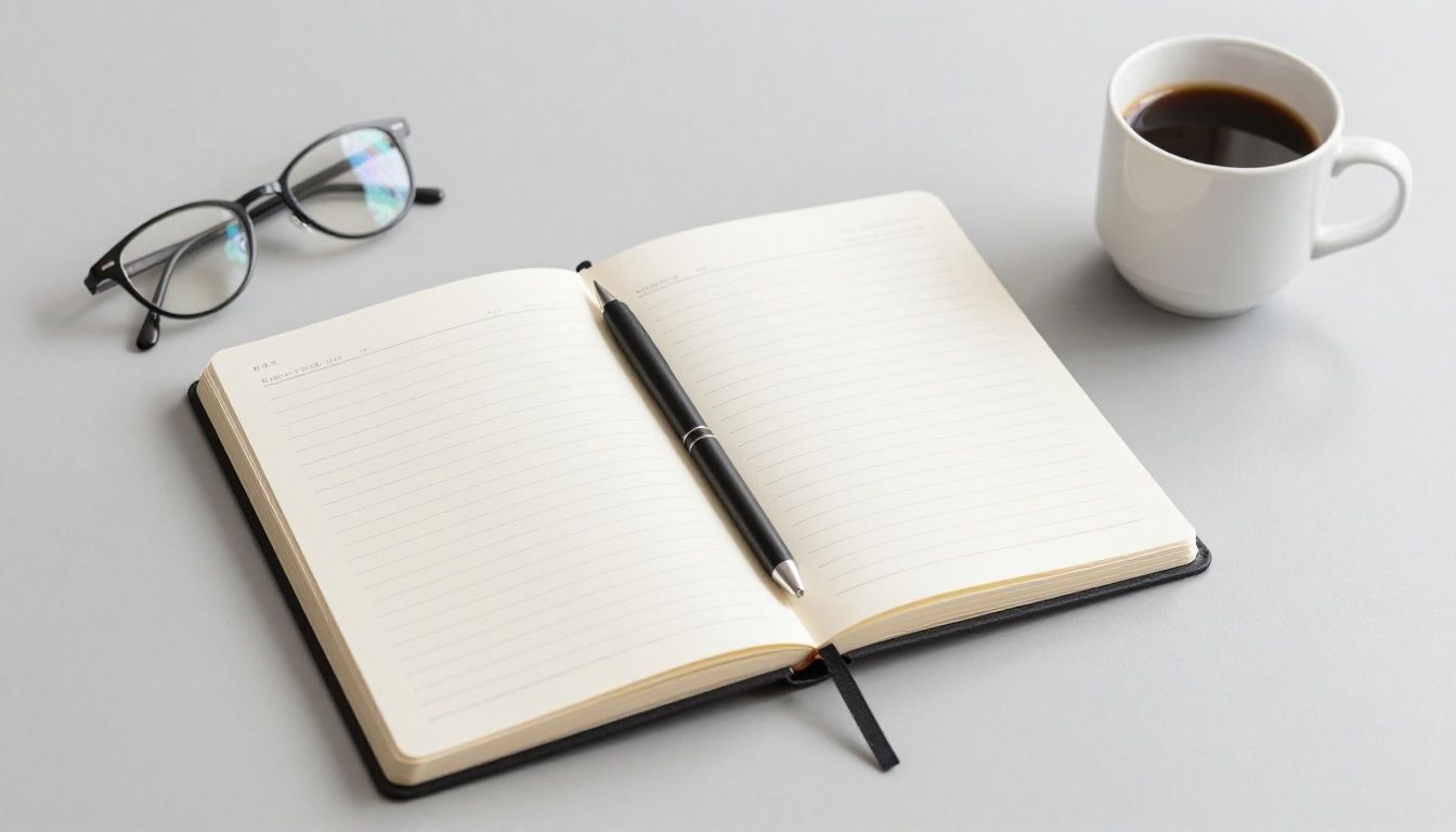 A professional desk setting with a sleek journal and a cup of coffee, symbolizing clarity, intention, and progress in a clean, modern workspace environment, neutral color palette.