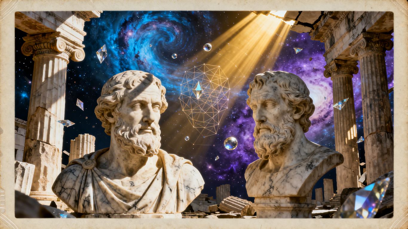 Busts of philosophers and cosmic imagery.