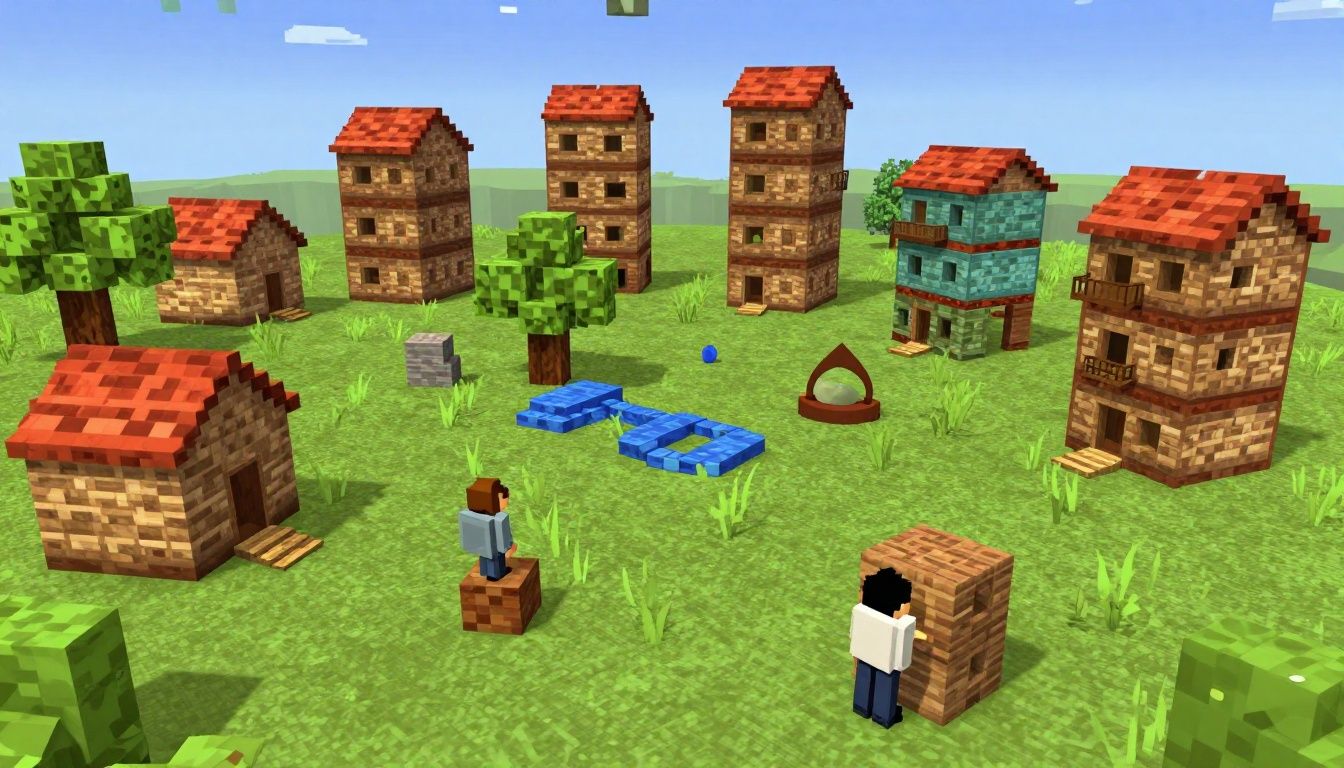 Mundo aberto de um jogo sandbox com construções, exploração e diferentes biomas