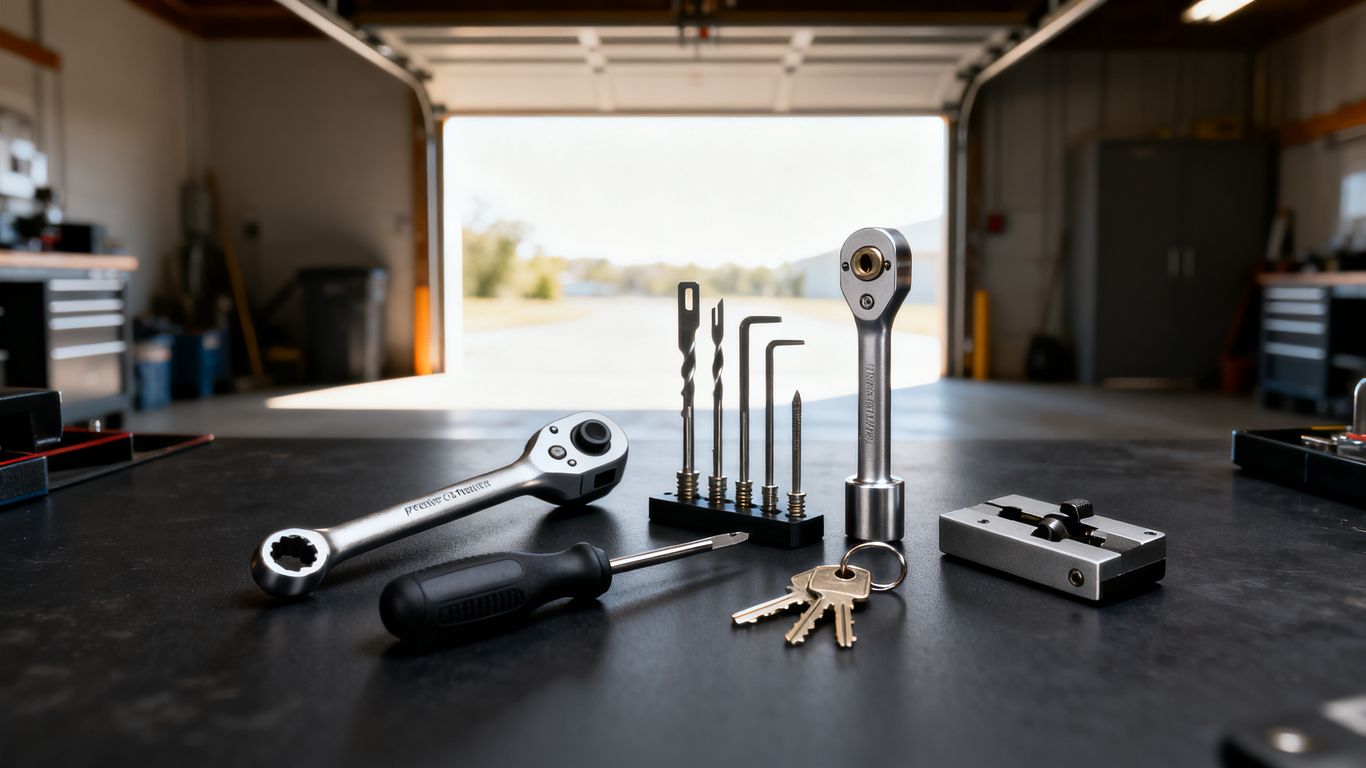 Professional locksmith tools arranged on a clean, organized workbench